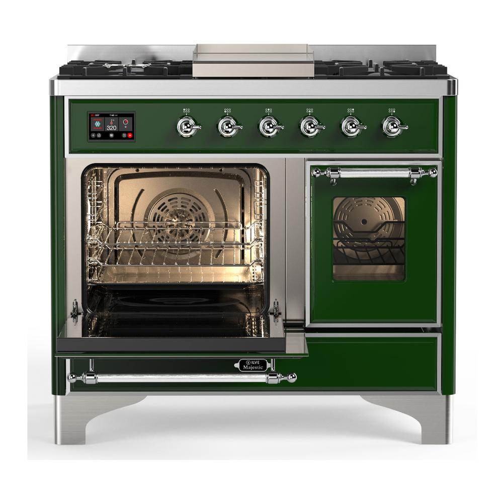 ILVE UMD40FNR3EGCLP Majestic III 40 inch Dual Fuel Range with 6 Burners and Griddle, Dual Function Burner up to 25,000 BTU (Liquid Propane, Triple Glass Door, Emerald Green, Chrome)