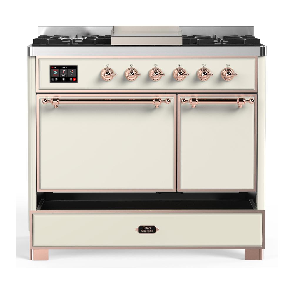 ILVE UMD40FQNR3AWPLP Majestic III 40 inch Dual Fuel Range with 6 Burners and Griddle, Dual Function Burner up to 25,000 BTU (Liquid Propane, Solid Door, Antique White, Copper)