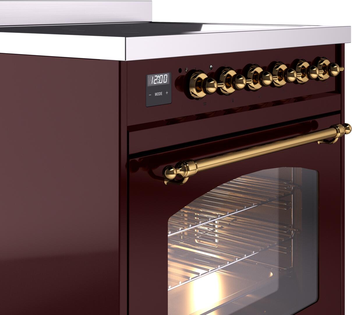 Nostalgie II 30 Inch Electric Freestanding Range in Burgundy with Brass Trim