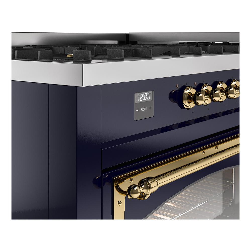 ILVE UN60FNMPMBGLP Nostalgie II Noblesse 60 inch Dual Fuel Range (9 Sealed Burners + Griddle, Liquid Propane, Triple Glass Door, Midnight Blue, Brass)