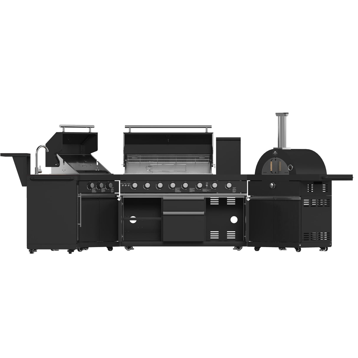 Forno All Aperto 99,600 BTU Outdoor Kitchen, 5 Burners, Infrared Burners, Side Burner, Black Sintered Stone Countertops, Gas Pizza Oven, Sink Module, Bar & Beverage Center