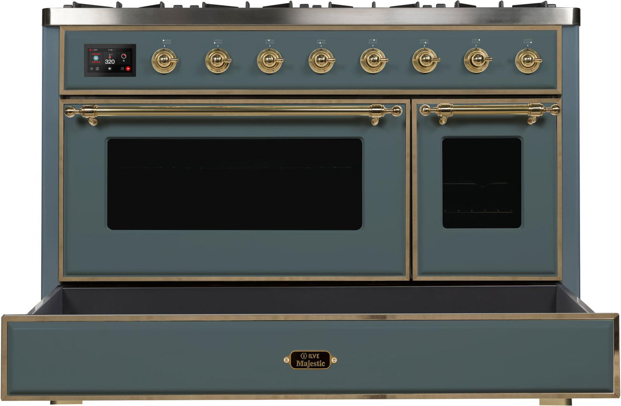 Majestic II 48 Inch Dual Fuel Natural Gas Freestanding Range in Blue Grey with Brass Trim