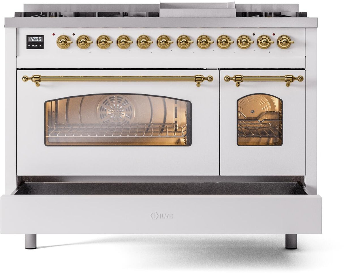 Nostalgie II 48 Inch Dual Fuel Liquid Propane Freestanding Range in White with Brass Trim
