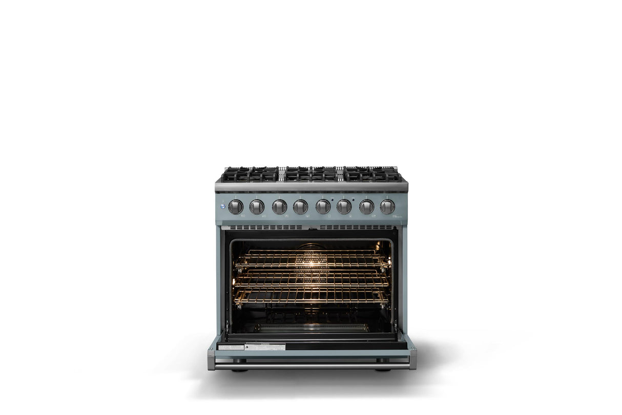 36"W. Dual Fuel Range (Burner: 6b, Finish: November Sky, Trim: Polished Chrome, Fuel: Natural Gas)
