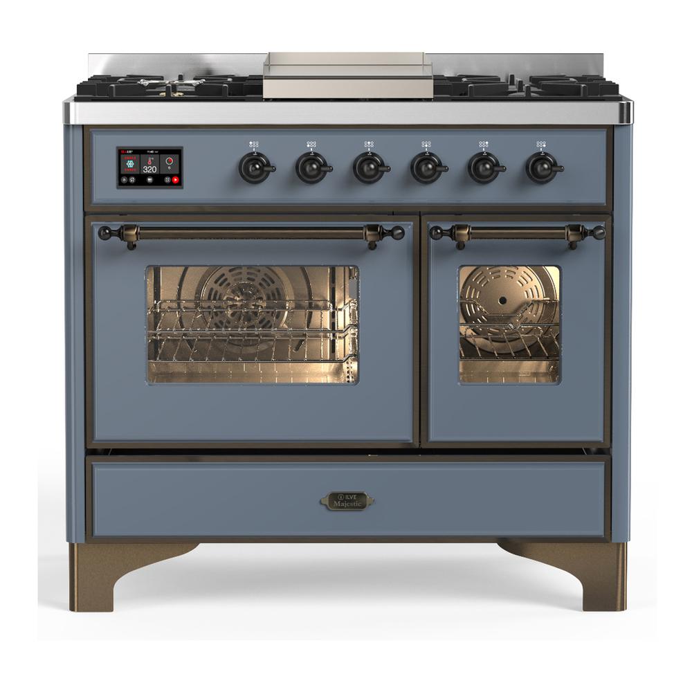 ILVE UMD40FNR3BGBLP Majestic III 40 inch Dual Fuel Range with 6 Burners and Griddle, Dual Function Burner up to 25,000 BTU (Liquid Propane, Triple Glass Door, Blue Grey, Burnished)