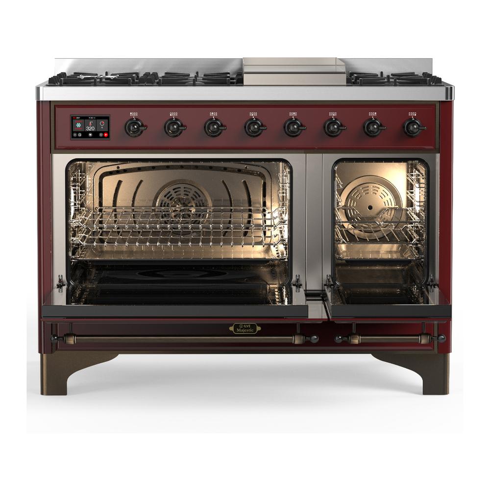 ILVE UM48FQNR3BUBLP Majestic III 48 inch Dual Fuel Range with 8 Burners and Griddle, Dual Function Burner up to 25,000 BTU (Liquid Propane, Solid Door, Burgundy, Burnished)
