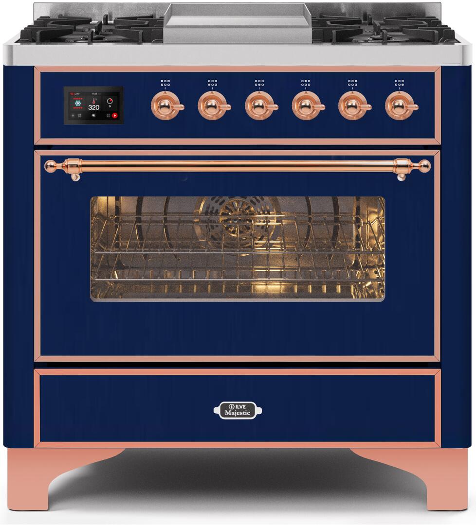 Majestic II 36 Inch Dual Fuel Liquid Propane Freestanding Range in Blue with Copper Trim