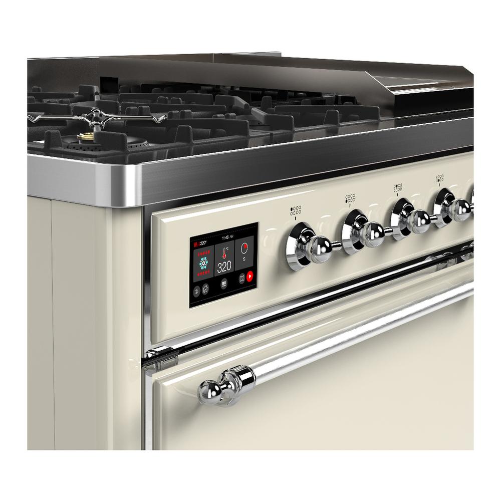 ILVE UM48FQNR3AWCLP Majestic III 48 inch Dual Fuel Range with 8 Burners and Griddle, Dual Function Burner up to 25,000 BTU (Liquid Propane, Solid Door, Antique White, Chrome)