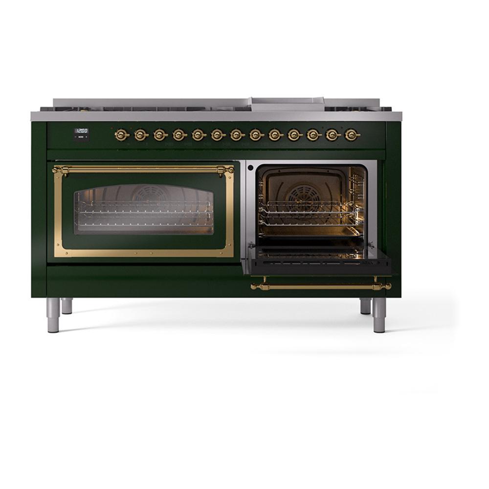 ILVE UN60FNMPEGGLP Nostalgie II Noblesse 60 inch Dual Fuel Range (9 Sealed Burners + Griddle, Liquid Propane, Triple Glass Door, Emerald Green, Brass)
