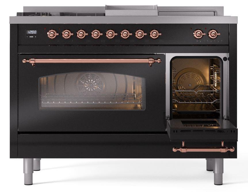 Nostalgie II 48 Inch Dual Fuel Natural Gas Freestanding Range in Glossy Black with Copper Trim