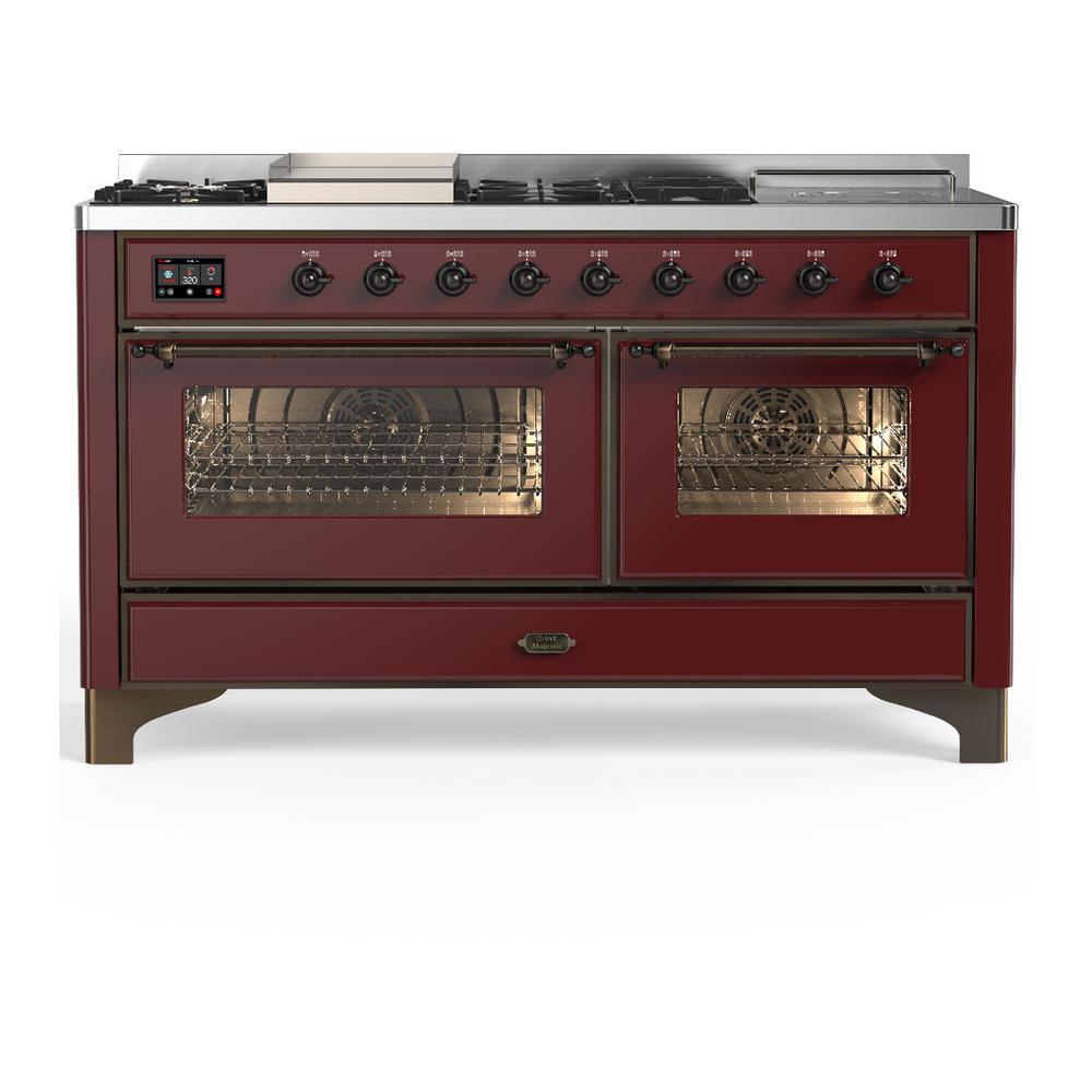 ILVE UM60FSNR3BUB Majestic III 60 inch Dual Fuel Range with 7 Burners, Griddle and French Top, Dual Function Burner with up to 25,000 BTU (Natural Gas, Triple Glass Door, Burgundy, Burnished)