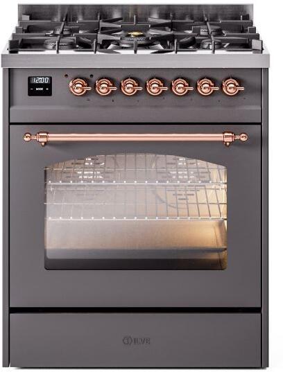 Nostalgie II 30 Inch Dual Fuel Natural Gas Freestanding Range in Matte Graphite with Copper Trim