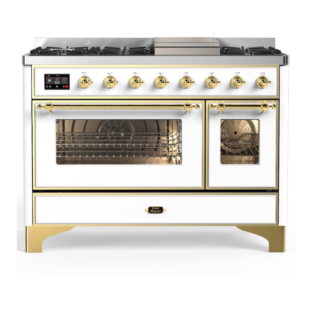 ILVE UM48FNR3WHGLP Majestic III 48 inch Dual Fuel Range with 8 Burners and Griddle, Dual Function Burner up to 25,000 BTU (Liquid Propane, Triple Glass Door, White, Brass)