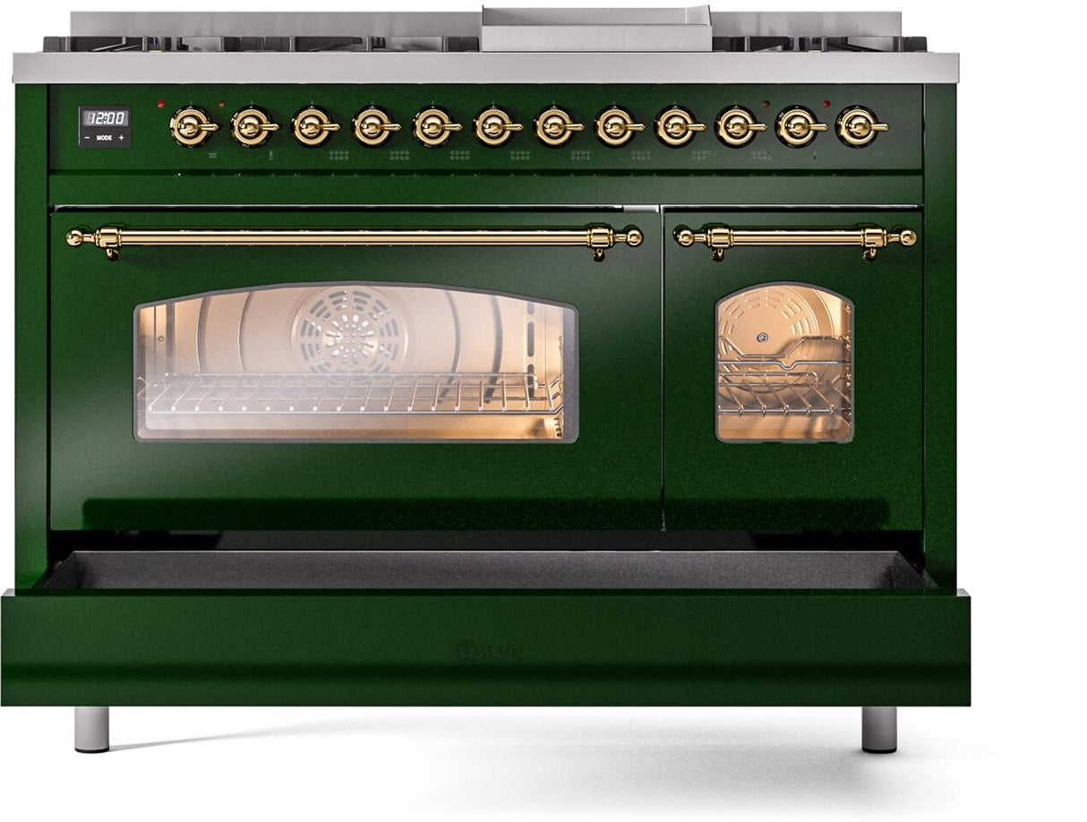 Nostalgie II 48 Inch Dual Fuel Natural Gas Freestanding Range in Emerald Green with Brass Trim