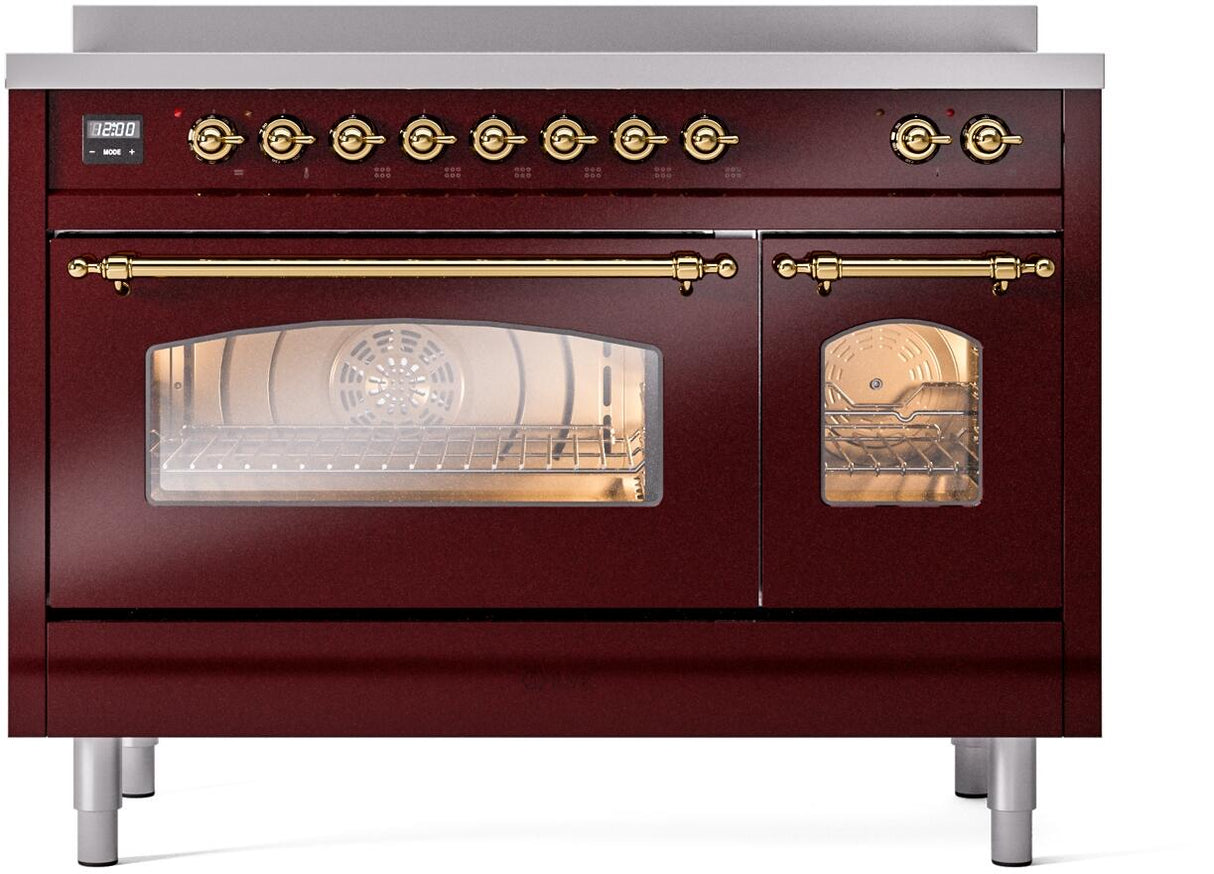 Nostalgie II 48 Inch Electric Freestanding Range in Burgundy with Brass Trim
