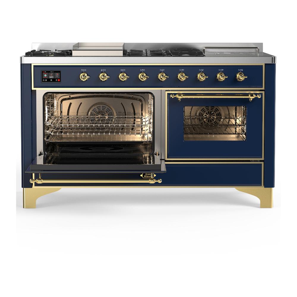 ILVE UM60FSNR3MBG Majestic III 60 inch Dual Fuel Range with 7 Burners, Griddle and French Top, Dual Function Burner with up to 25,000 BTU (Natural Gas, Triple Glass Door, Midnight Blue, Brass)