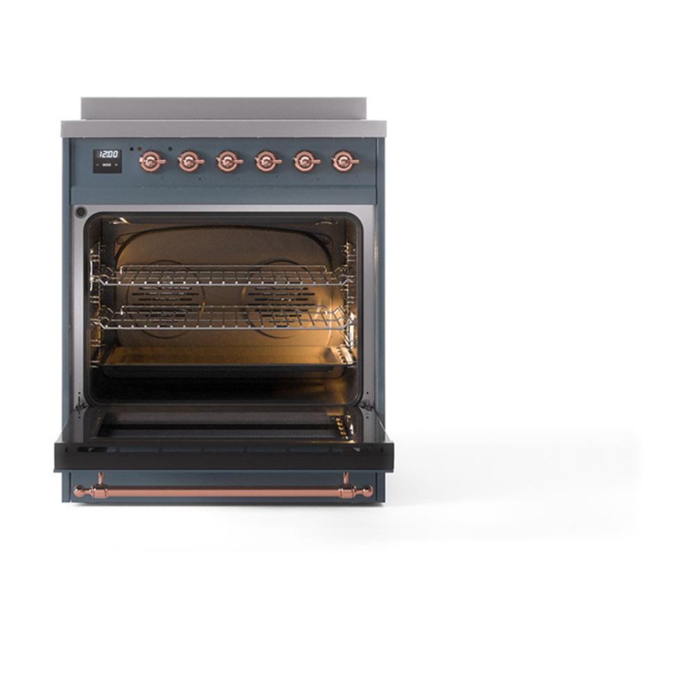 ILVE UNI304NMPBGG Nostalgie II Noblesse 30 inch Induction Range (Triple Glass Door, Blue Grey, Brass)