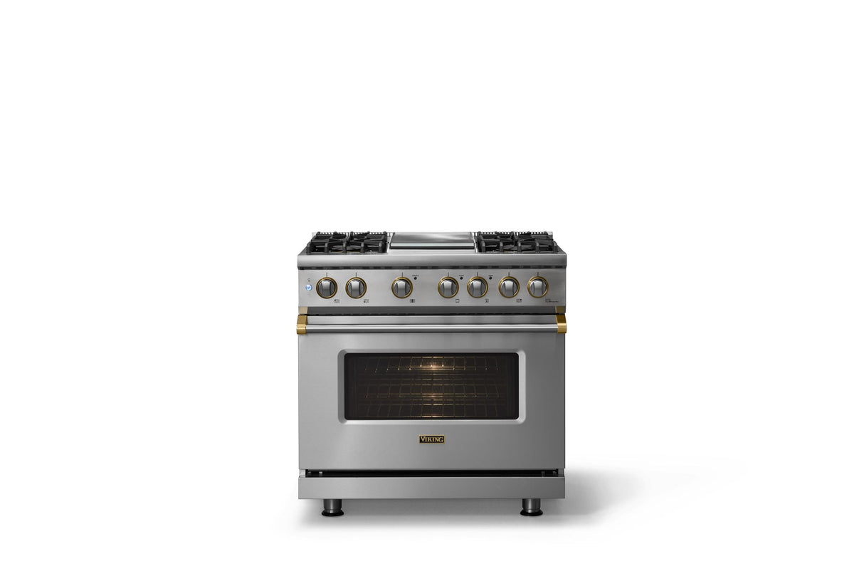 36"W. Dual Fuel Range (Burner: 4g, Finish: Stainless Steel, Trim: Brushed Brass, Fuel: Natural Gas)