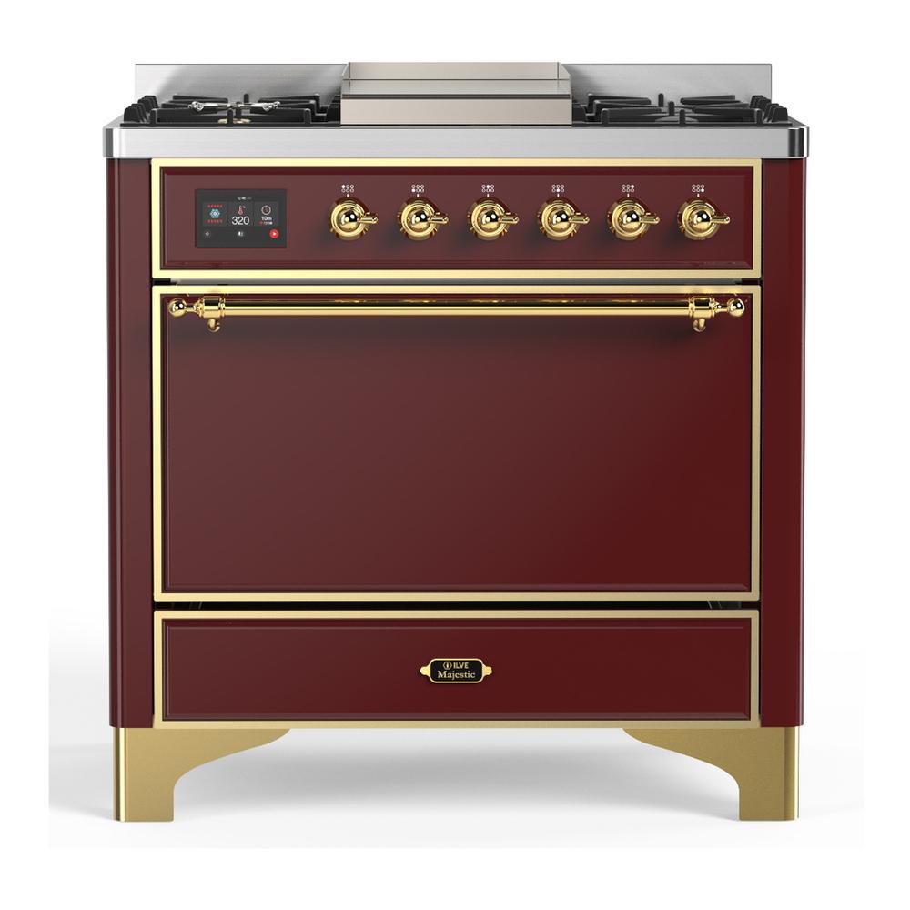 ILVE UM36FQNR3BUGLP Majestic III 36 inch Dual Fuel Range with 6 Black Brass Burners and Griddle, Dual Function Burner up to 25,000 BTU (Solid Door, Burgundy, Brass, Liquid Propane)