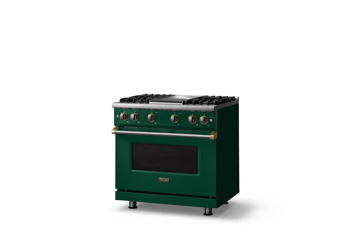 36"W. Sealed Burner Gas Range (Burner: 4g, Finish: Ivy, Trim: Brushed Brass, Fuel: Propane)
