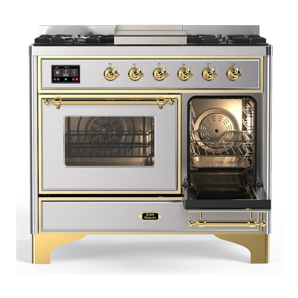 ILVE UMD40FNR3SSGLP Majestic III 40 inch Dual Fuel Range with 6 Burners and Griddle, Dual Function Burner up to 25,000 BTU (Liquid Propane, Triple Glass Door, Stainless Steel, Brass)