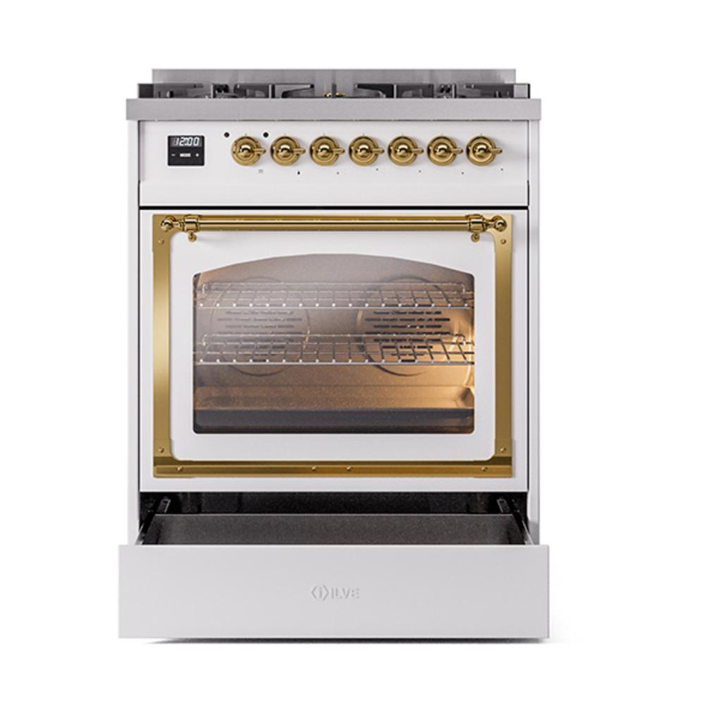 ILVE UN30NMPWHG Nostalgie II Noblesse 30 inch Dual Fuel Range (Natural Gas, Triple Glass Door, White, Brass)