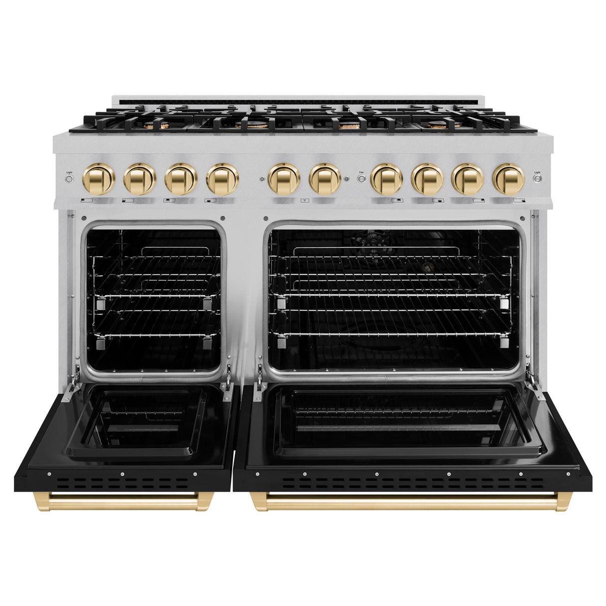 ZLINE Autograph Edition 48 in. 6.7 cu. ft. Classic Double Oven Dual Fuel Range with 8 Burner Gas Cooktop in DuraSnow' Stainless Steel with Black Matte Doors and Polished Gold Accents (CDRSZ-BLM-48-G)