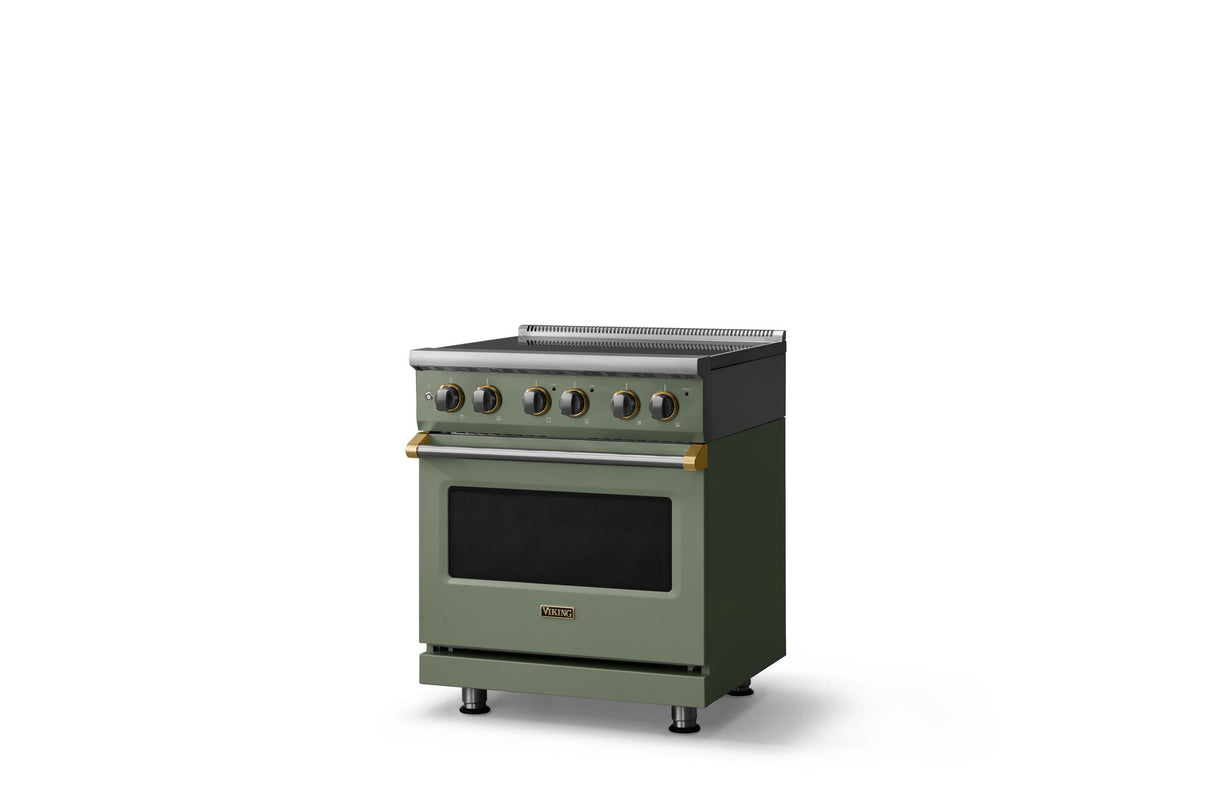 30"W. Electric Range (Finish: Eucalyptus, Trim: Brushed Brass)