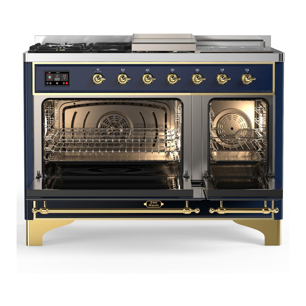 ILVE UM48FSQNR3MBG Majestic III 48 inch Dual Fuel Range with 5 Black Brass Burners, Griddle and French Top, Dual Function Burner up to 25,000 BTU (Natural Gas, Solid Door, Midnight Blue, Brass)