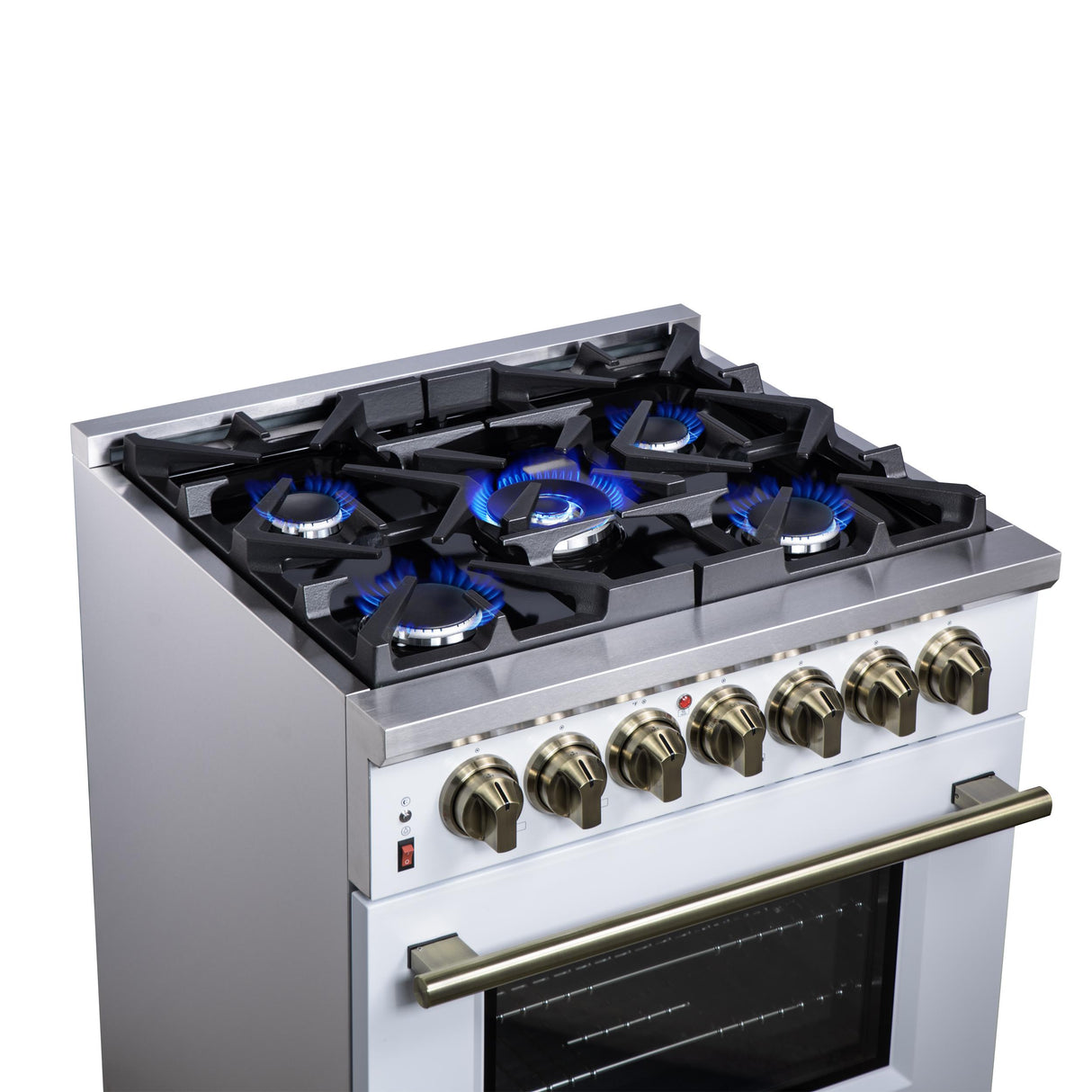 Forno Massimo 30 Inch Freestanding Dual Fuel Range in White with Antique Brass Accessories, 4 Burners, 4.32 cu. ft. Convection Oven