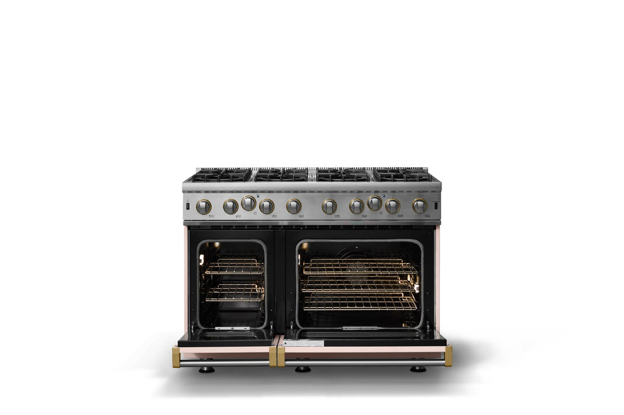48"W. Open Burner Gas Range (Finish: Blush, Trim: Brushed Brass, Fuel: Natural Gas)