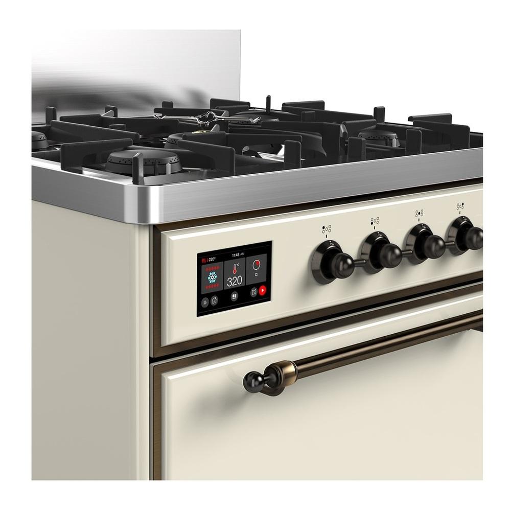 ILVE UM30QNR3AWB Majestic III 30 inch Dual Fuel Range with 5 Black Brass Burners, Dual Function Burner up to 25,000 BTU (Natural Gas, Solid Door, Antique White, Burnished)