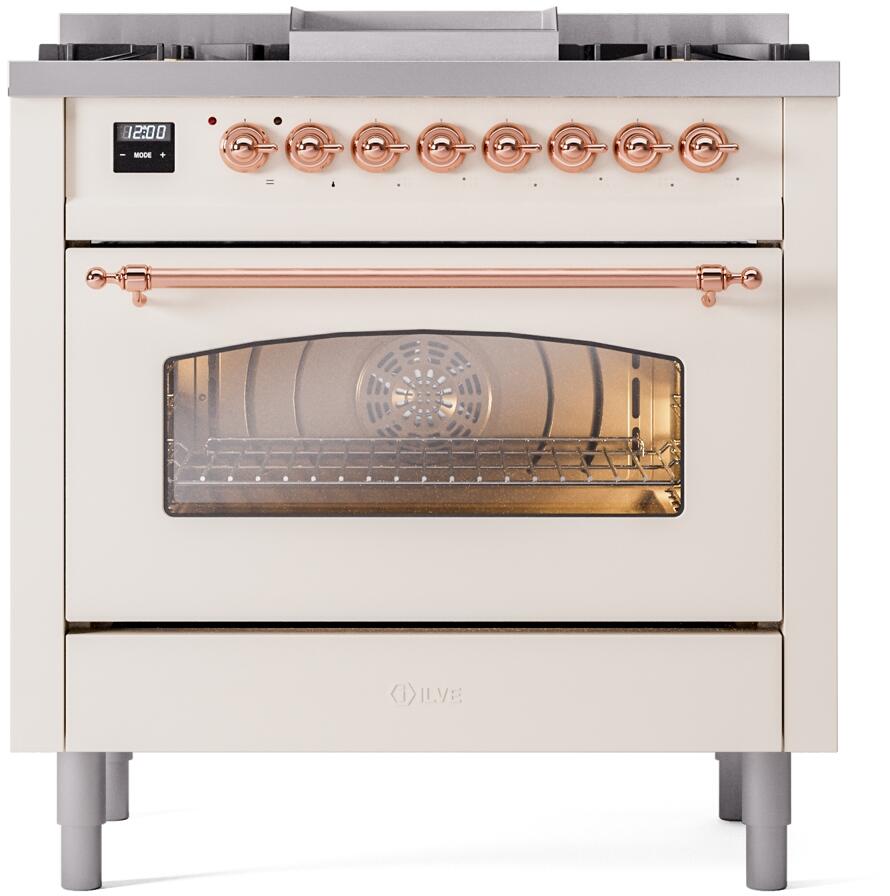Nostalgie II 36 Inch Dual Fuel Natural Gas Freestanding Range in Antique White with Copper Trim