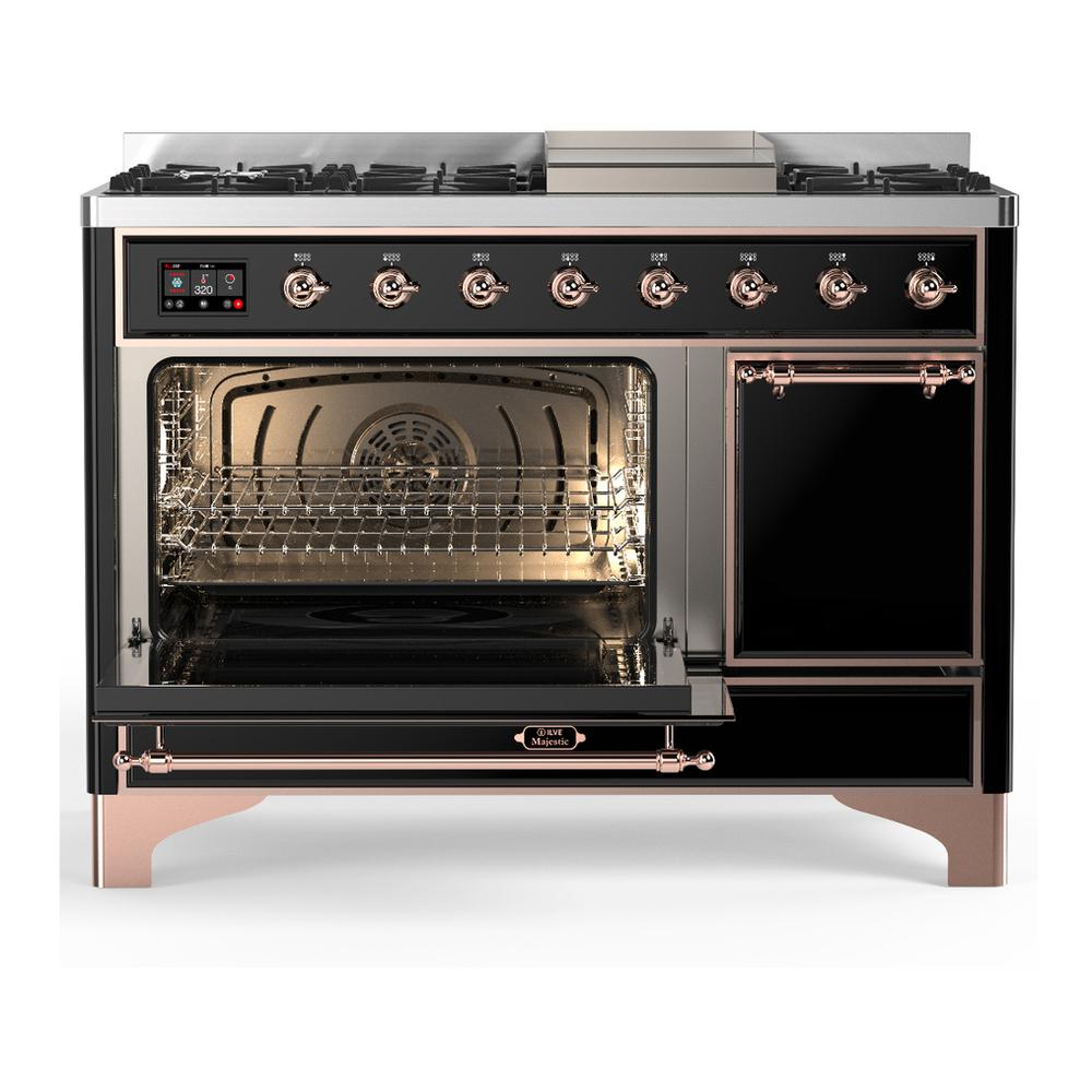 ILVE UM48FQNR3BKPLP Majestic III 48 inch Dual Fuel Range with 8 Burners and Griddle, Dual Function Burner up to 25,000 BTU (Liquid Propane, Solid Door, Glossy Black, Copper)