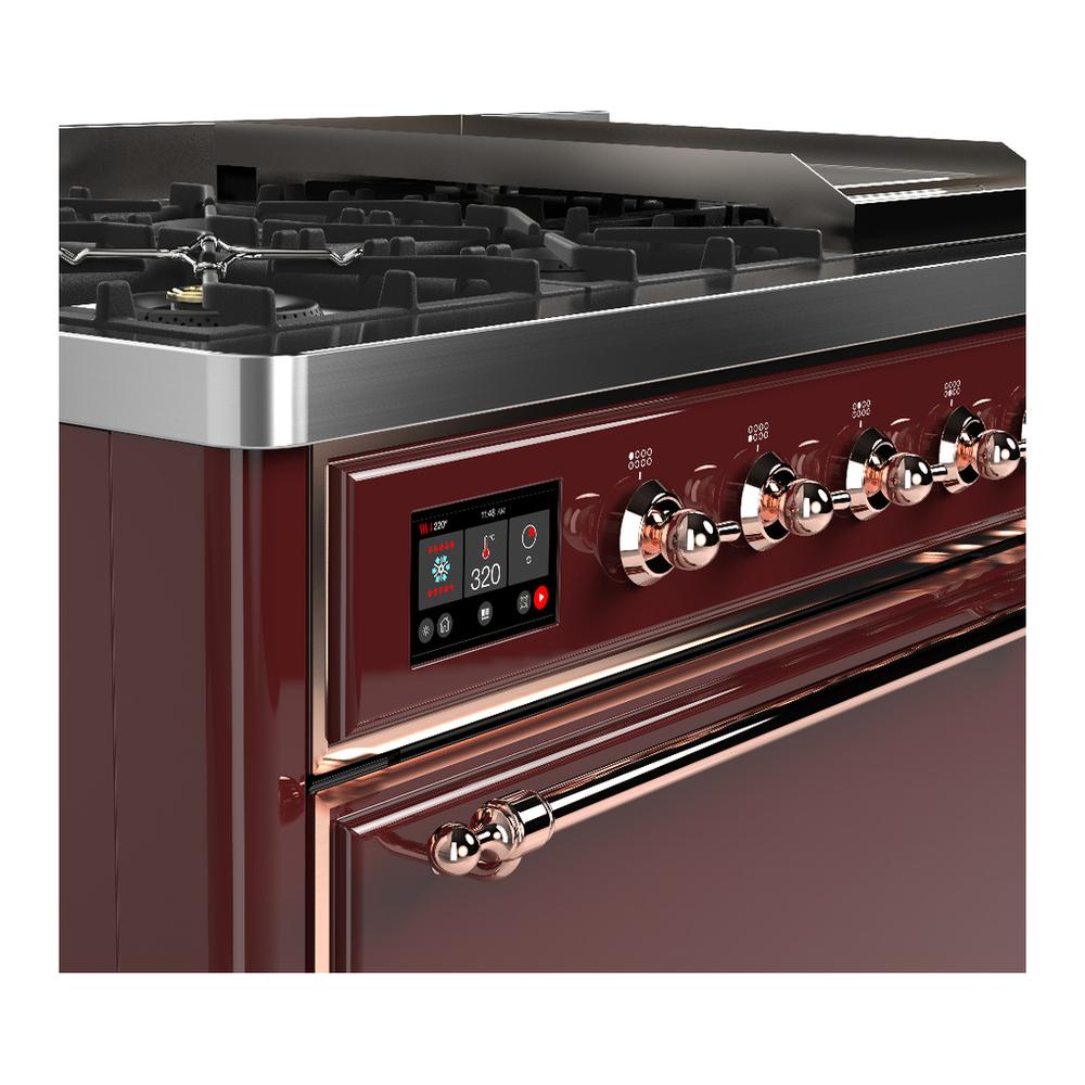 ILVE UM48FQNR3BUPLP Majestic III 48 inch Dual Fuel Range with 8 Burners and Griddle, Dual Function Burner up to 25,000 BTU (Liquid Propane, Solid Door, Burgundy, Copper)