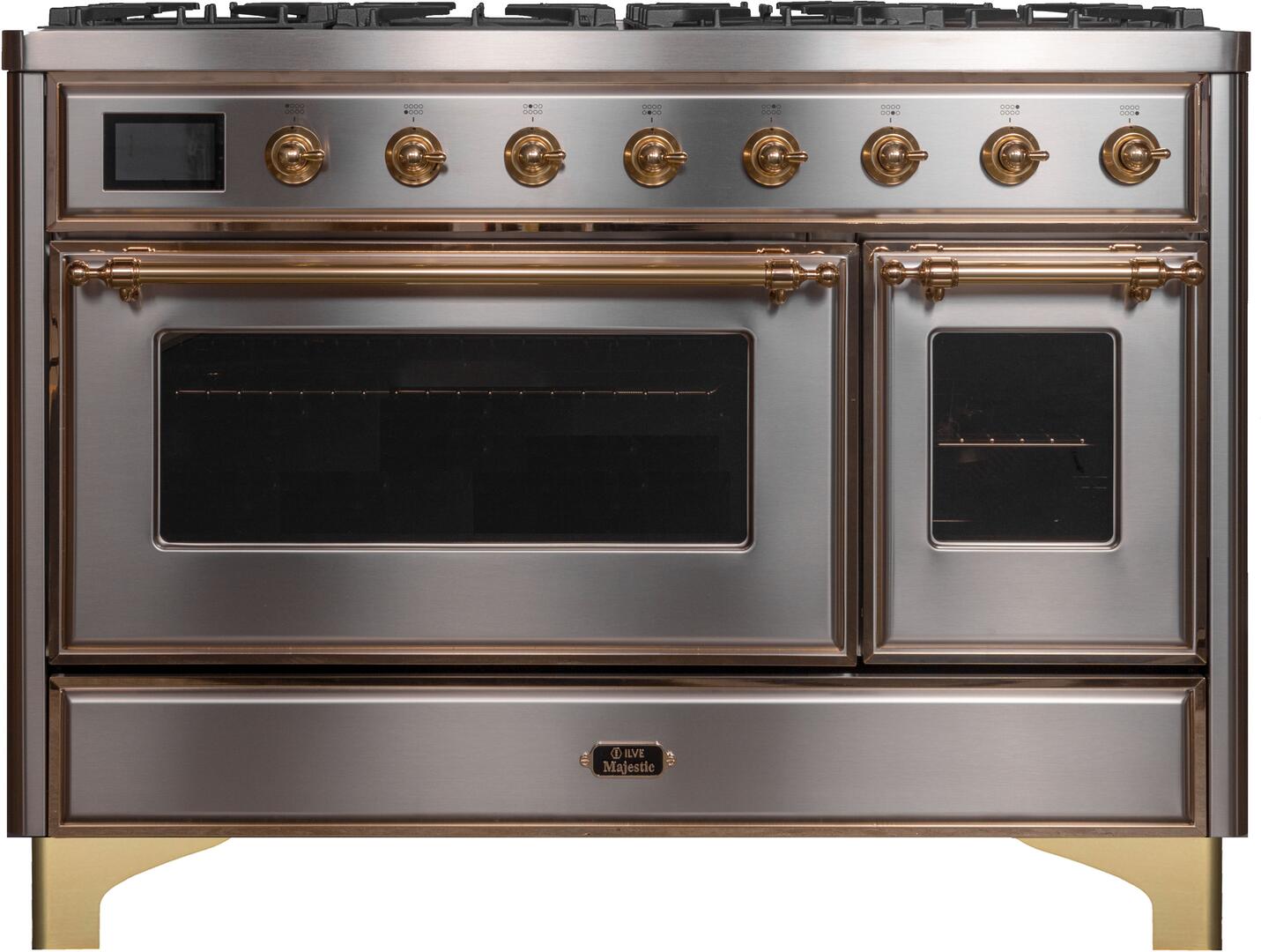Majestic II 48 Inch Dual Fuel Liquid Propane Freestanding Range in Stainless Steel with Brass Trim