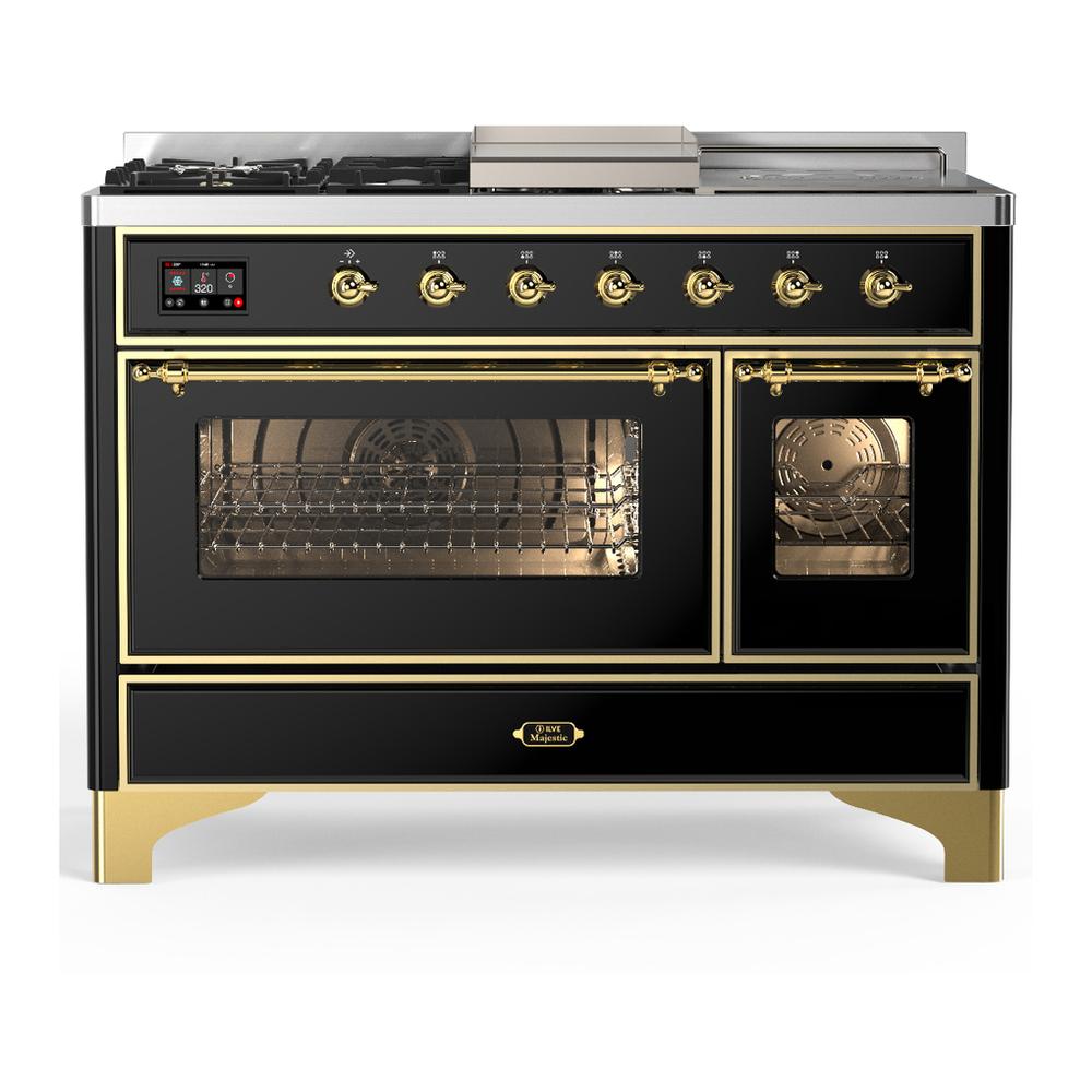 ILVE UM48FSNR3BKG Majestic III 48 inch Dual Fuel Range with 5 Black Brass Burners, Griddle and French Top, Dual Function Burner up to 25,000 BTU (Natural Gas, Triple Glass Door, Glossy Black, Brass)