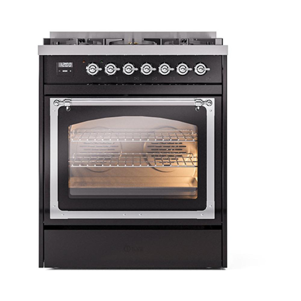 ILVE UN30NMPBKC Nostalgie II Noblesse 30 inch Dual Fuel Range (Natural Gas, Triple Glass Door, Glossy Black, Chrome)