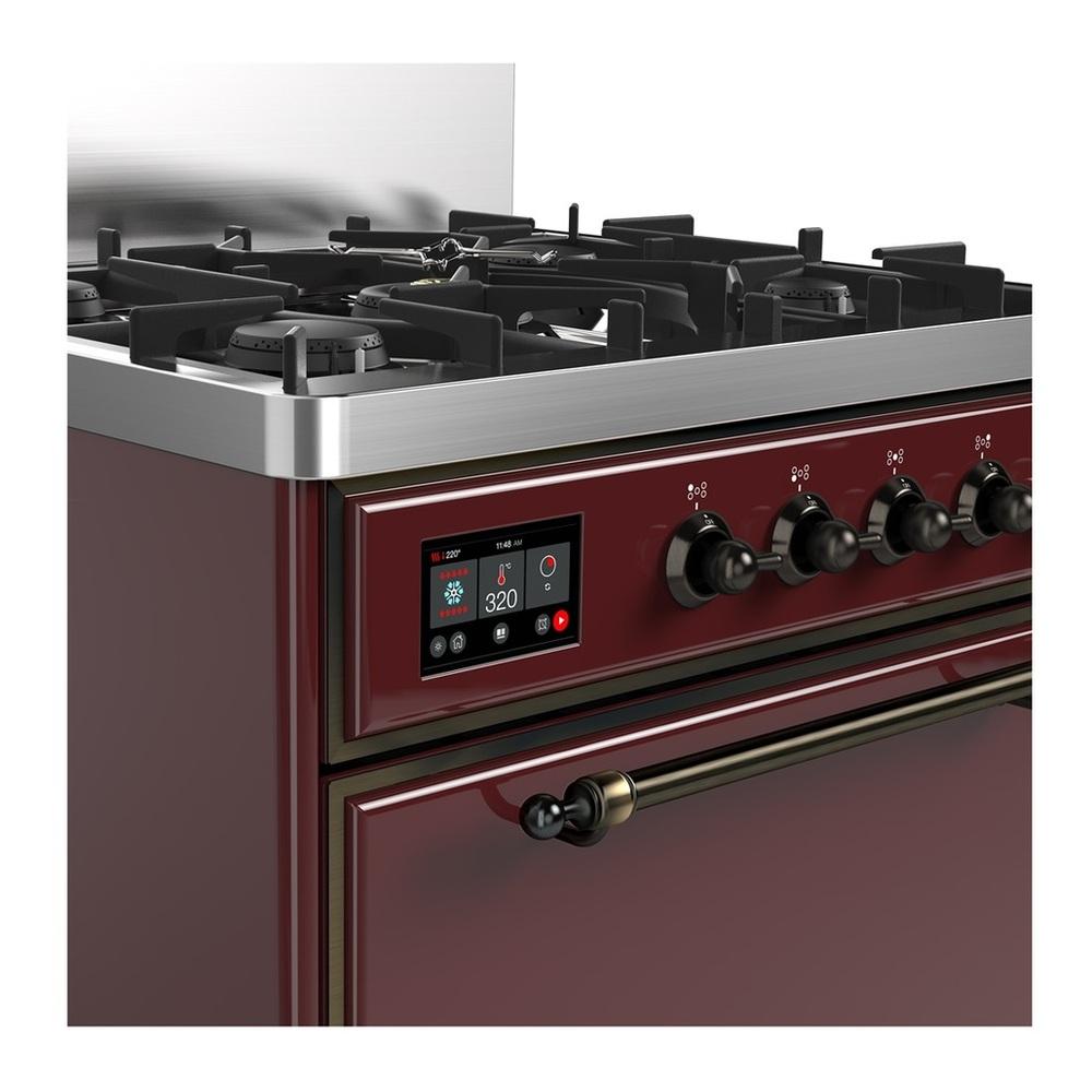 ILVE UM30QNR3BUB Majestic III 30 inch Dual Fuel Range with 5 Black Brass Burners, Dual Function Burner up to 25,000 BTU (Natural Gas, Solid Door, Burgundy, Burnished)