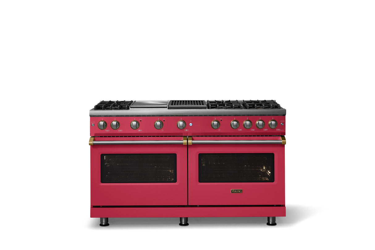 60"W. Sealed Burner Gas Range (Finish: Valentine, Trim: Brushed Brass, Fuel: Propane)