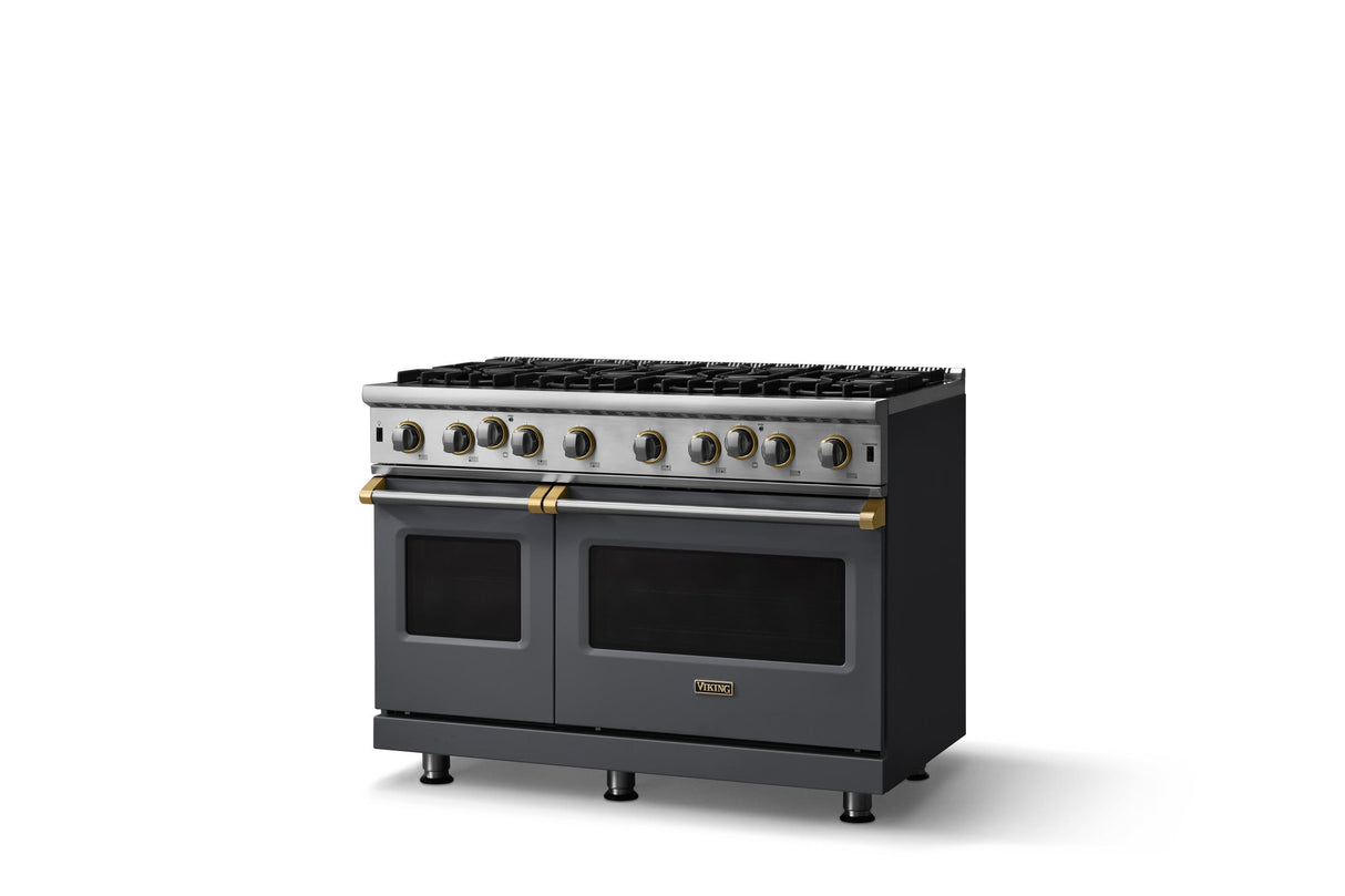 48"W. Open Burner Gas Range (Finish: Cast Black, Trim: Brushed Brass, Fuel: Propane)