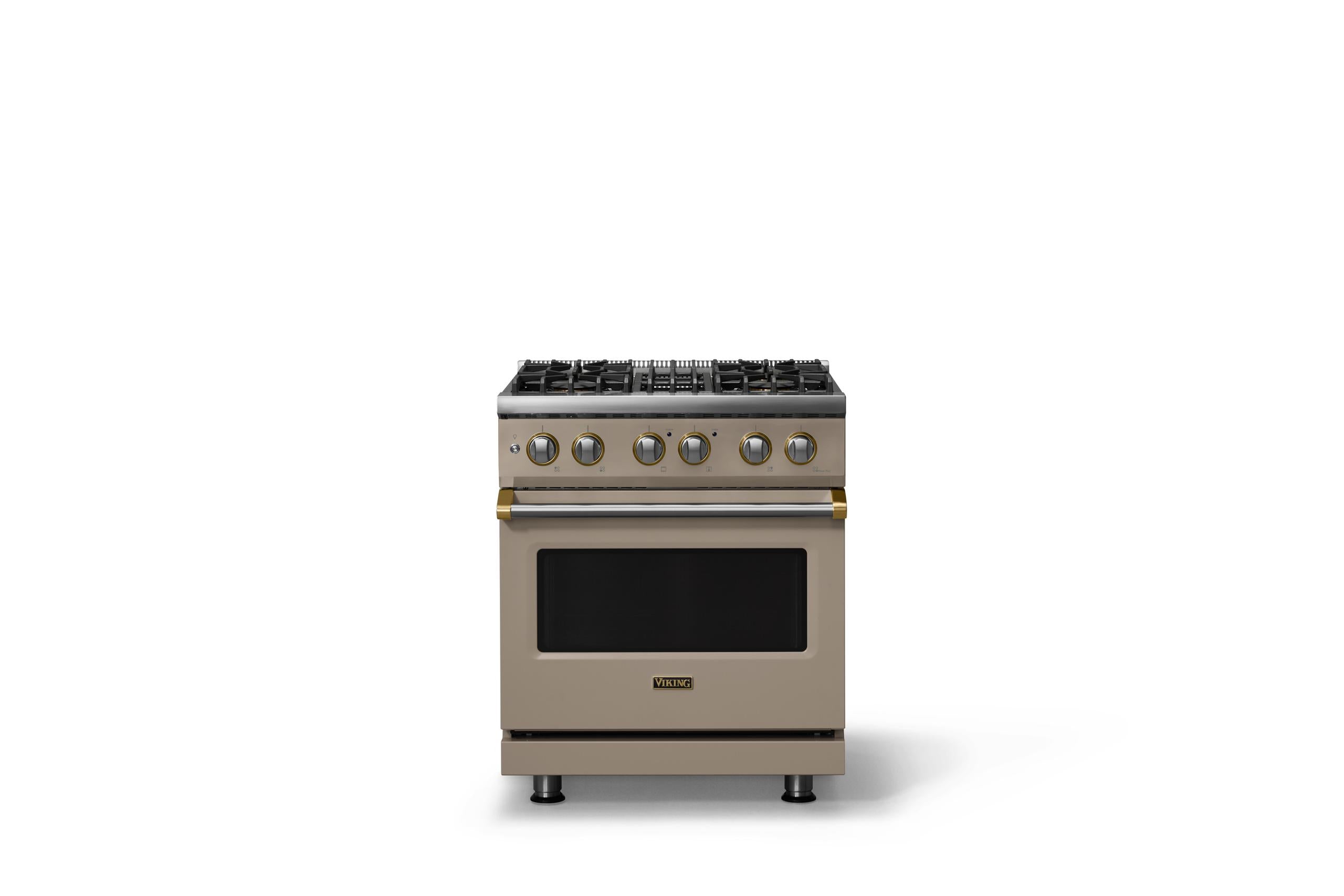 30"W. Dual Fuel Range (Finish: Nantucket, Trim: Brushed Brass, Fuel: Propane)