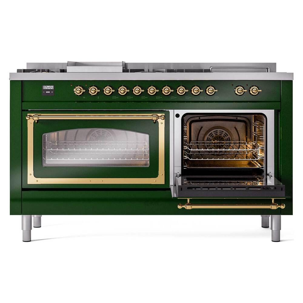 ILVE UN60FSNMPEGG Nostalgie II Noblesse 60 inch Dual Fuel Range (7 Sealed Burners + Griddle + French Top, Natural Gas, Triple Glass Door, Emerald Green, Brass)