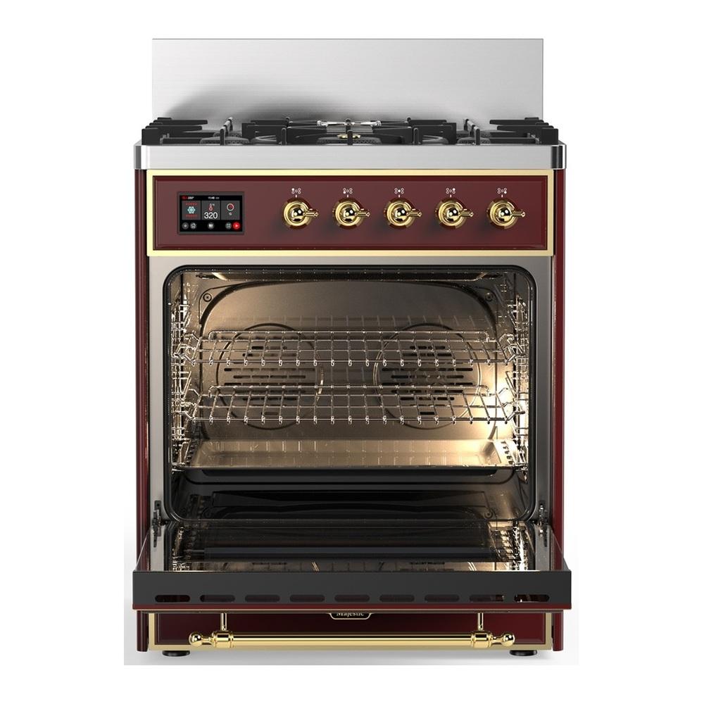 ILVE UM30NR3BUG Majestic III 30 inch Dual Fuel Range with 5 Black Brass Burners, Dual Function Burner up to 25,000 BTU (Natural Gas, Triple Glass Door, Burgundy, Brass)