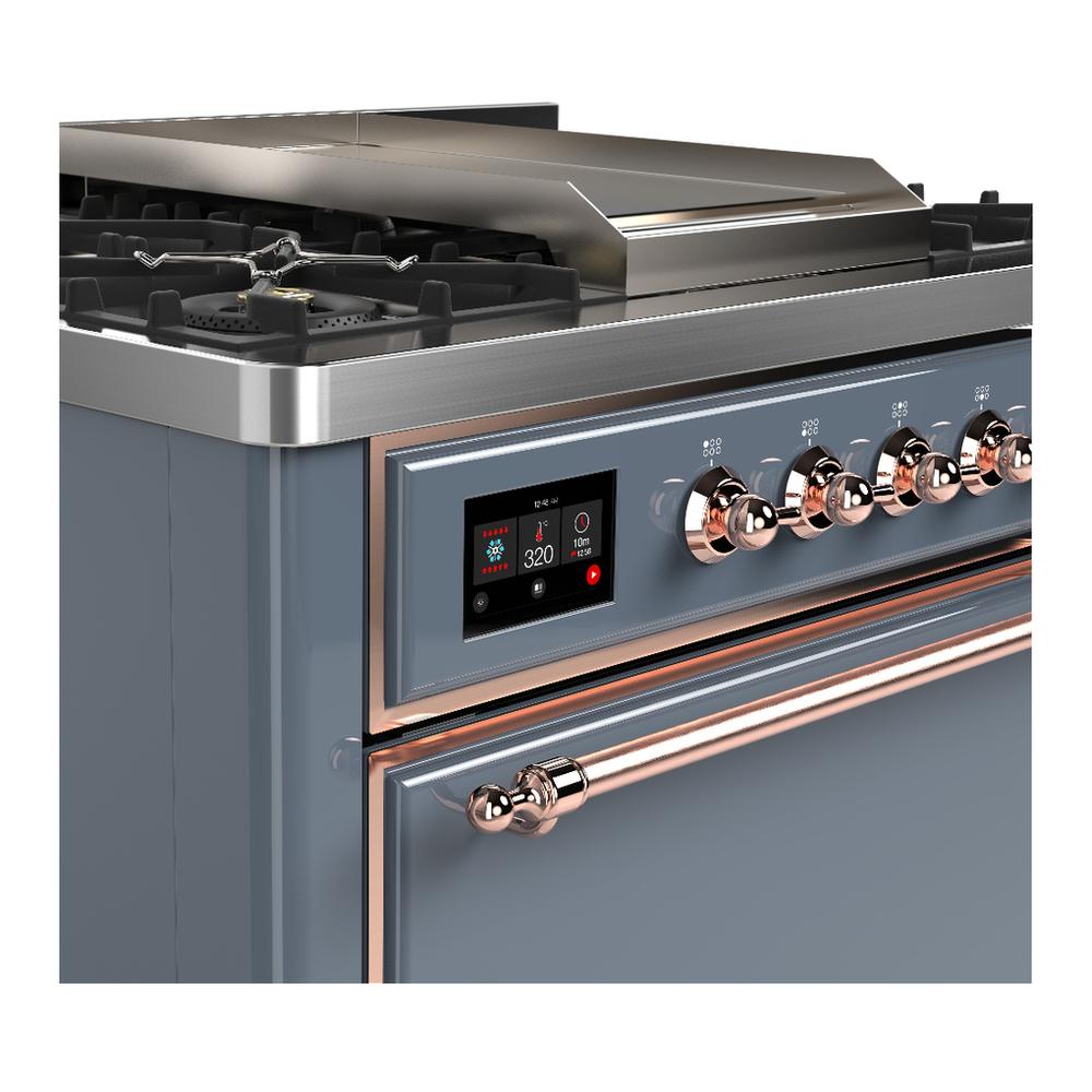 ILVE UM36FQNR3BGP Majestic III 36 inch Dual Fuel Range with 6 Black Brass Burners and Griddle, Dual Function Burner up to 25,000 BTU (Solid Door, Blue Grey, Copper, Natural Gas)