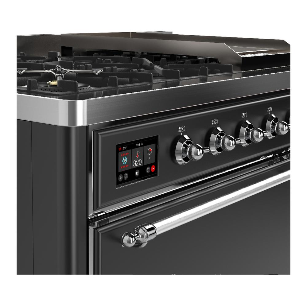 ILVE UM48FQNR3MGCLP Majestic III 48 inch Dual Fuel Range with 8 Burners and Griddle, Dual Function Burner up to 25,000 BTU (Liquid Propane, Solid Door, Graphite Matte, Chrome)