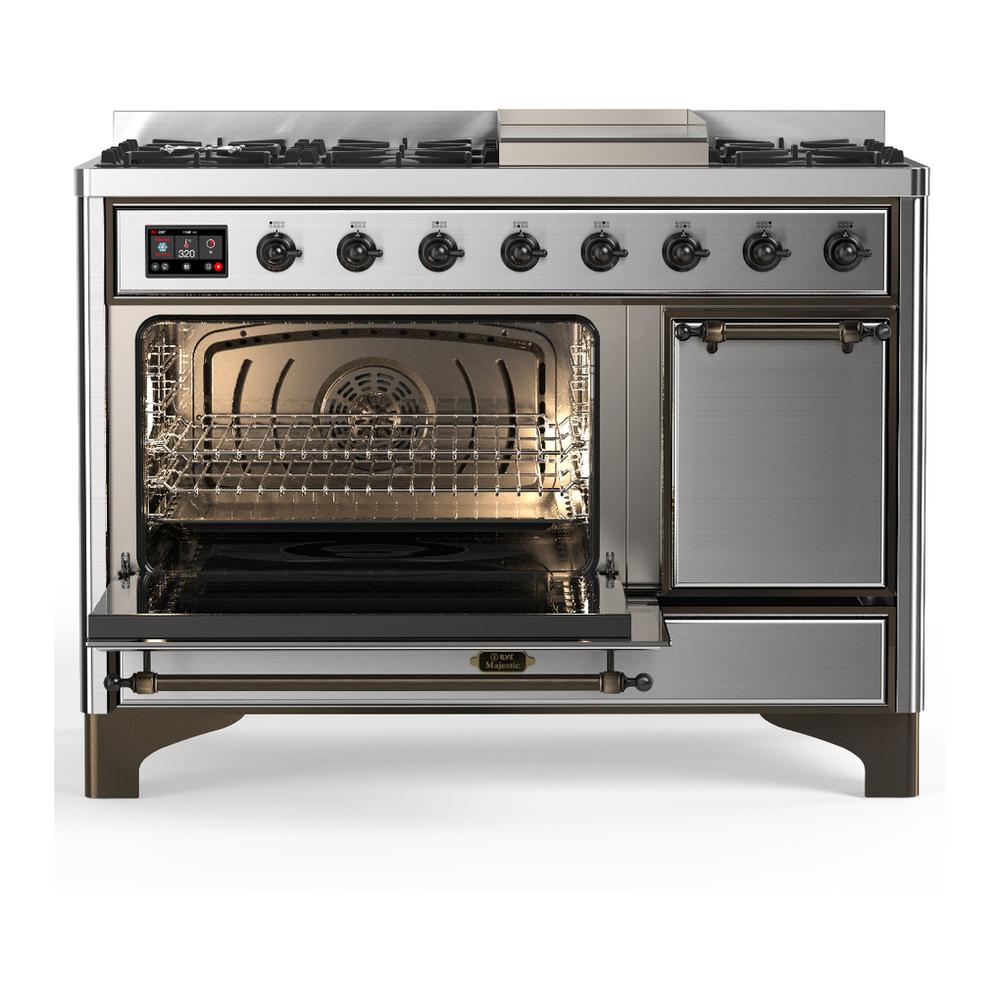 ILVE UM48FQNR3SSB Majestic III 48 inch Dual Fuel Range with 8 Burners and Griddle, Dual Function Burner up to 25,000 BTU (Natural Gas, Solid Door, Stainless Steel, Burnished)