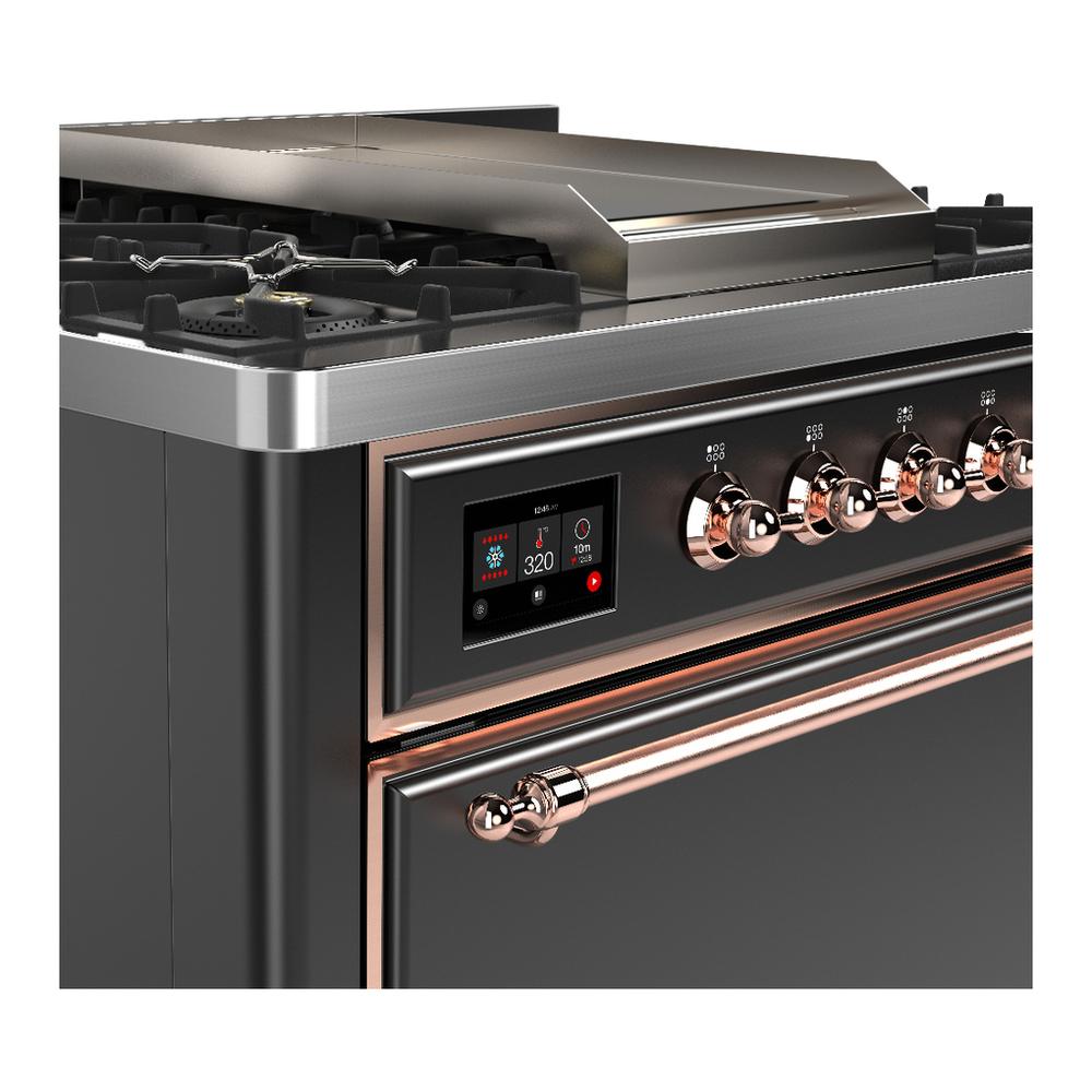 ILVE UM36FQNR3MGP Majestic III 36 inch Dual Fuel Range with 6 Black Brass Burners and Griddle, Dual Function Burner up to 25,000 BTU (Solid Door, Graphite Matte, Copper, Natural Gas)