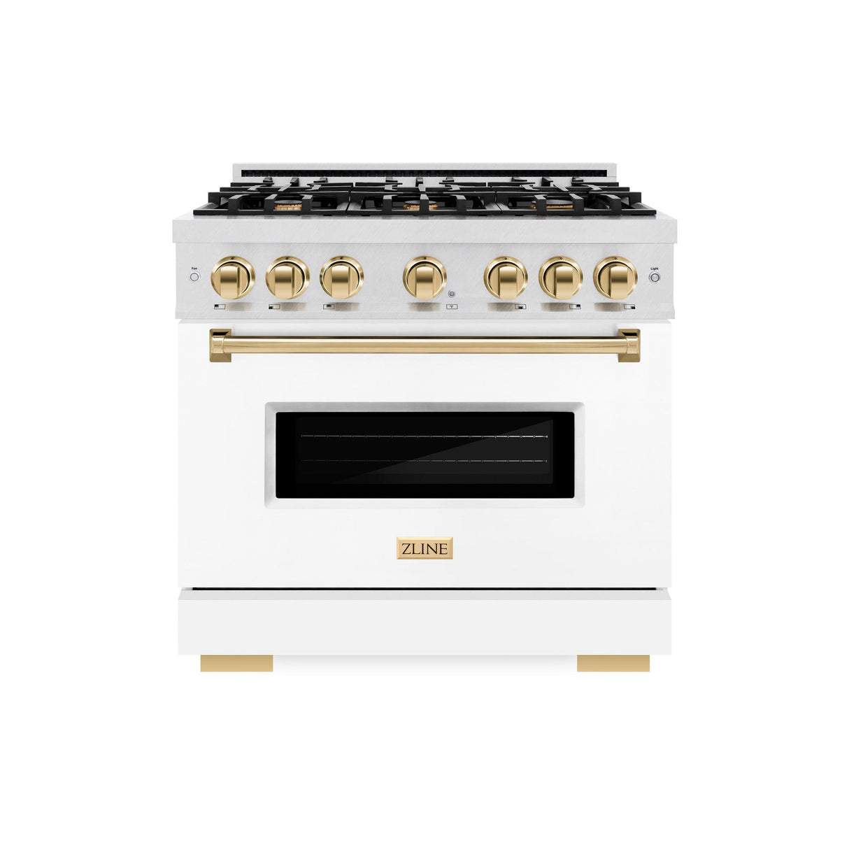 ZLINE Autograph Edition 36 in. 5.2 cu. ft. Classic Gas Range with 6 Burner Cooktop and Convection Gas Oven in DuraSnow' Stainless Steel with White Matte Door and Polished Gold Accents (CGRSZ-WM-36-G)