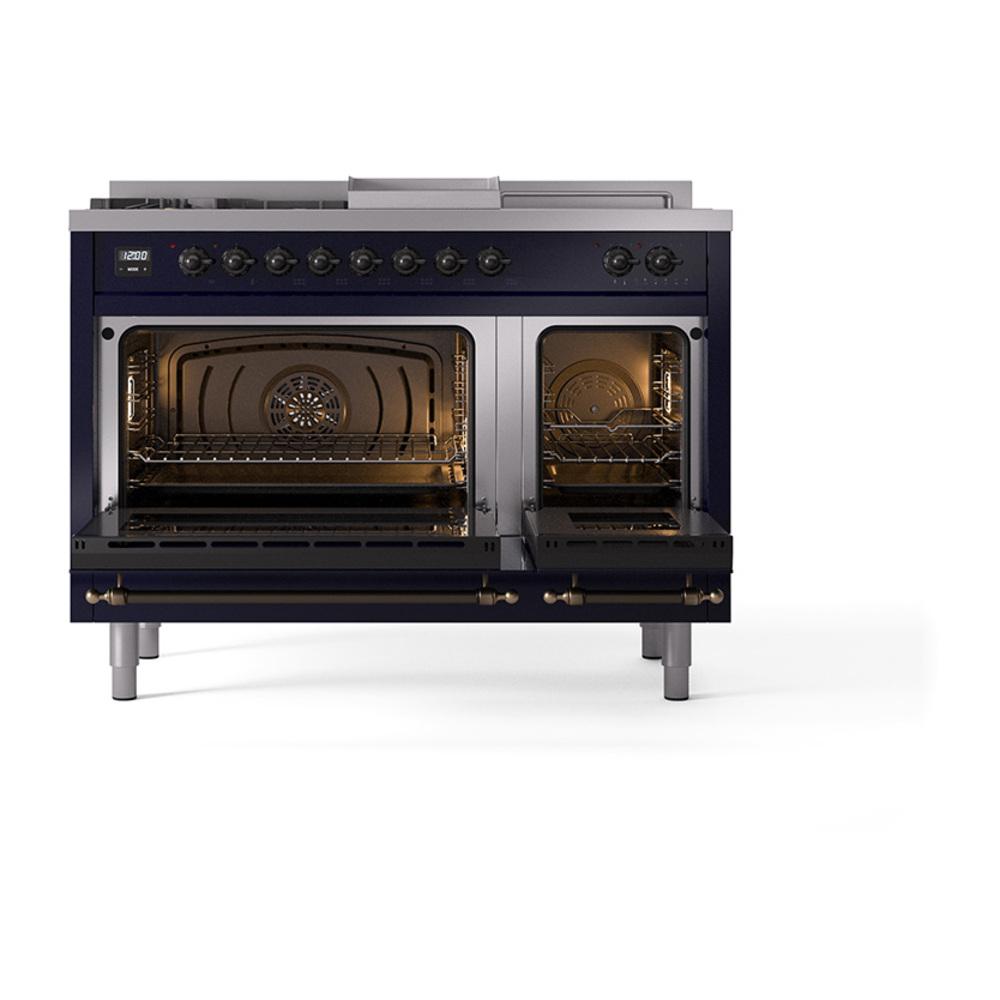 ILVE UN48FSQNMPMBB Nostalgie II Noblesse 48 inch Dual Fuel Range (5 Sealed Burners + Griddle + French Top, Natural Gas, Solid Door, Midnight Blue, Burnished)